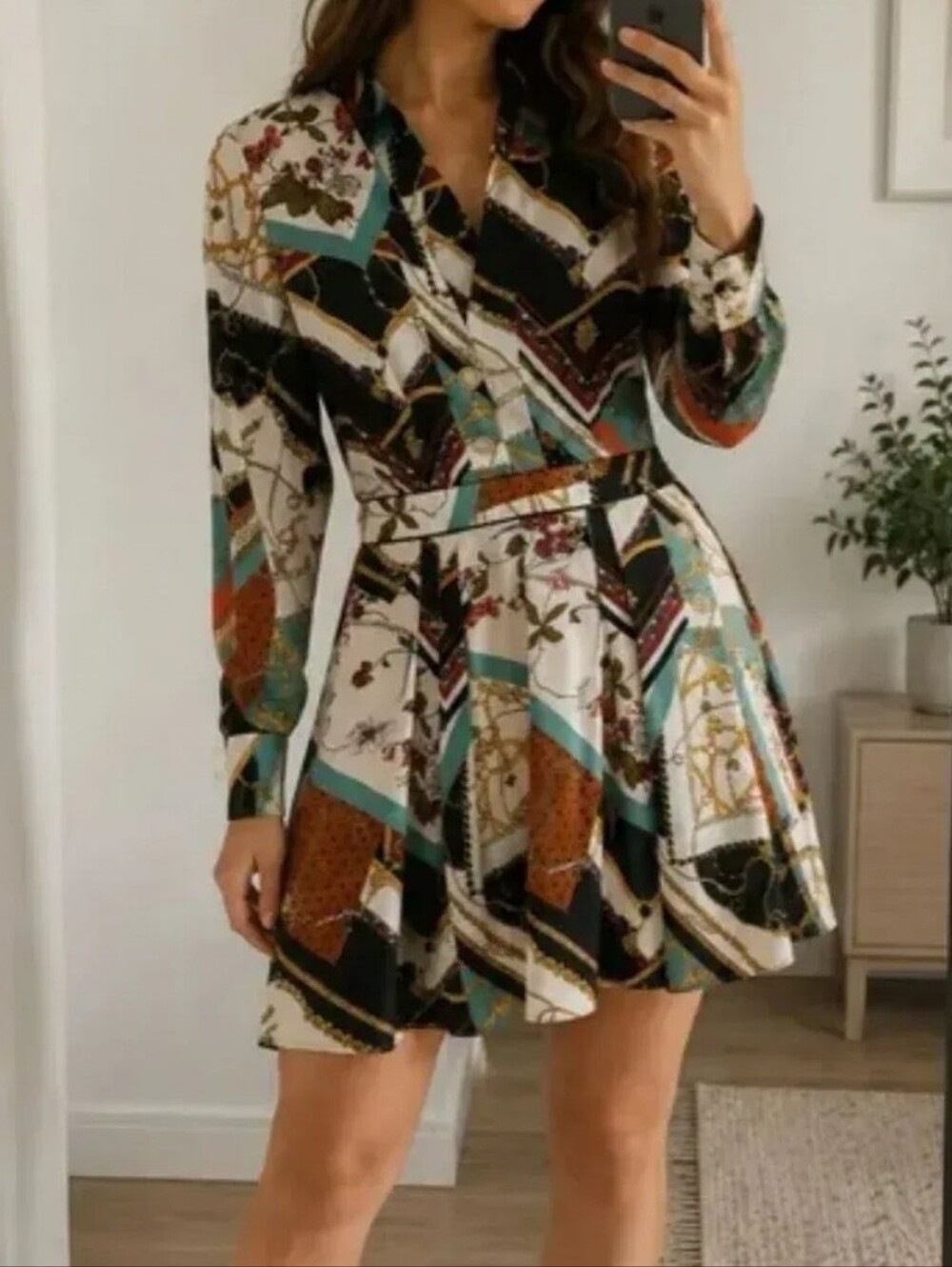 Zara Chain And Floral Pactchwork Long Sleeve Shirt Dress Multicolor Extra Small